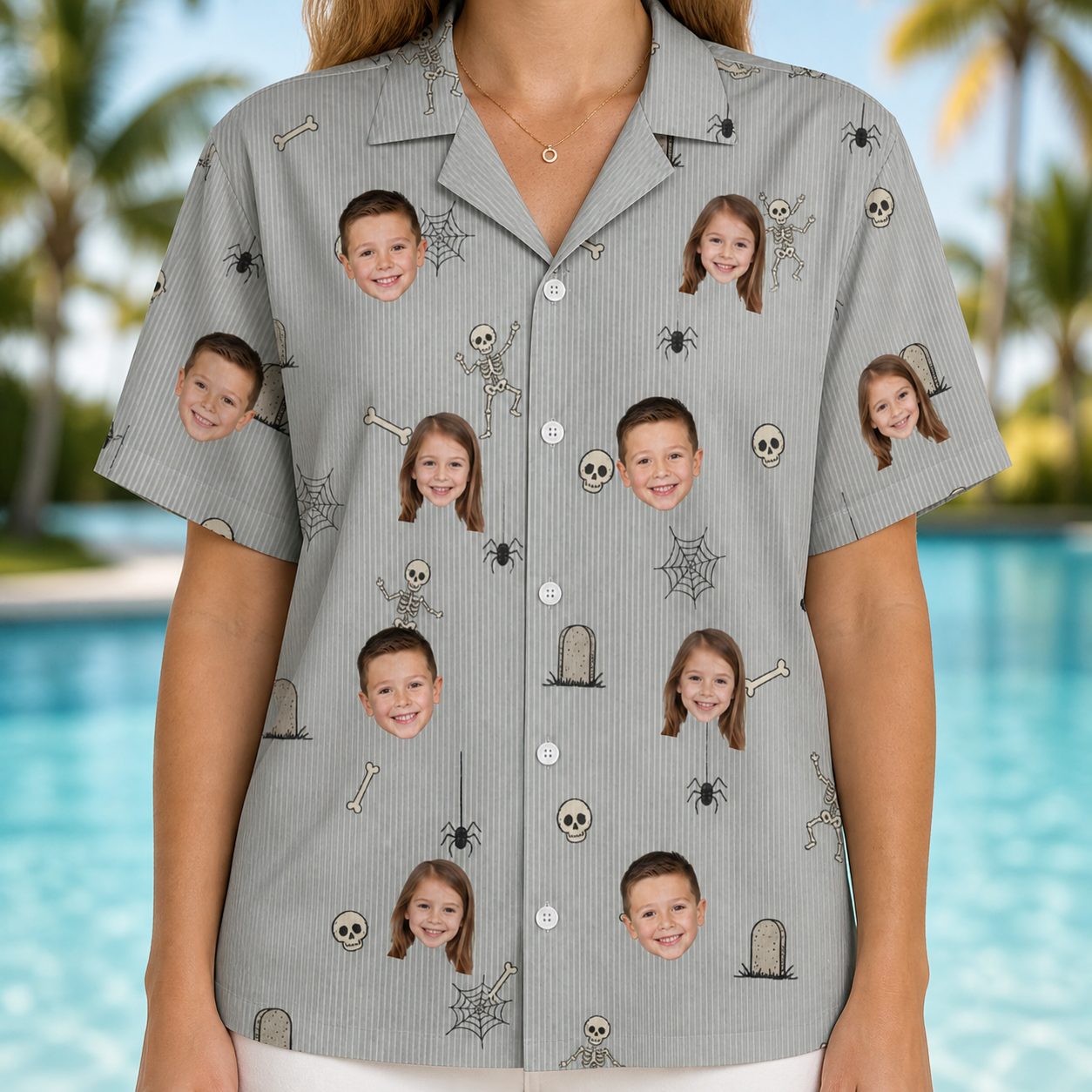 Model wearing Women's Tombstone Tango Custom Face Hawaiian Shirt printed with kids' faces