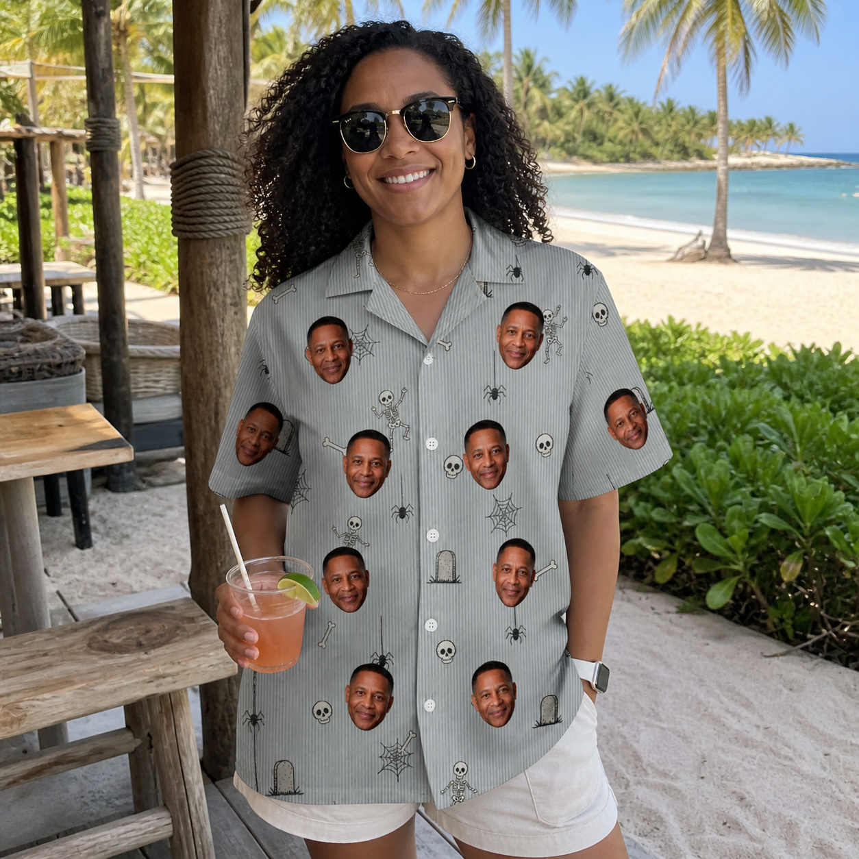 Real-life photo of someone wearing Women's Tombstone Tango Custom Face Hawaiian Shirt — custom faces printed all-over