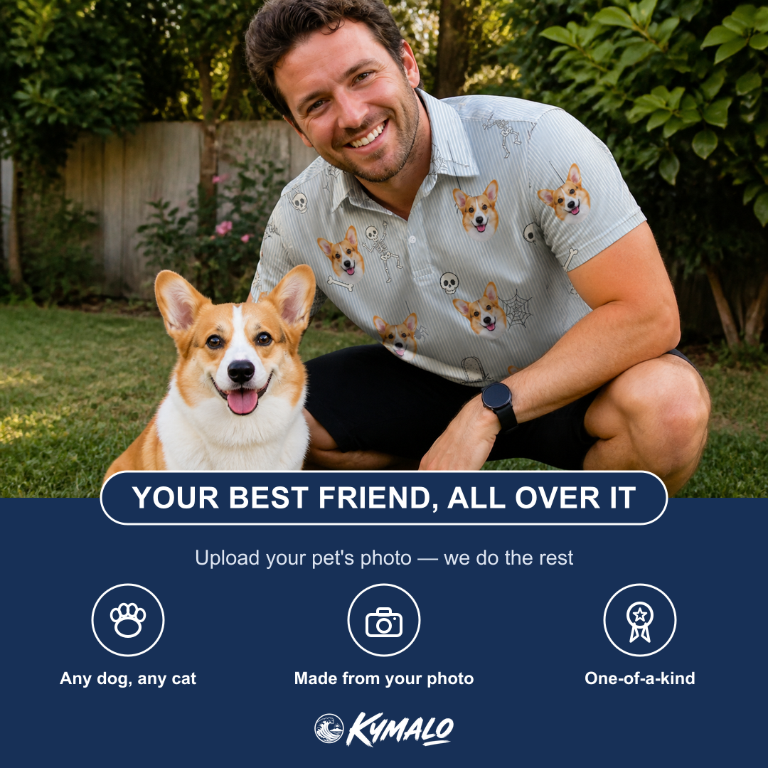Friends in matching Men's Tombstone Tango Custom Dog Face Polo Shirt — a group gift photo