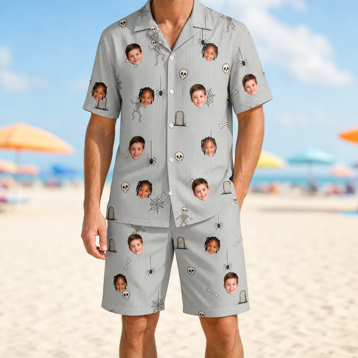 Model wearing Men's Tombstone Tango Custom Face Shirt & Shorts Set printed with kids' faces