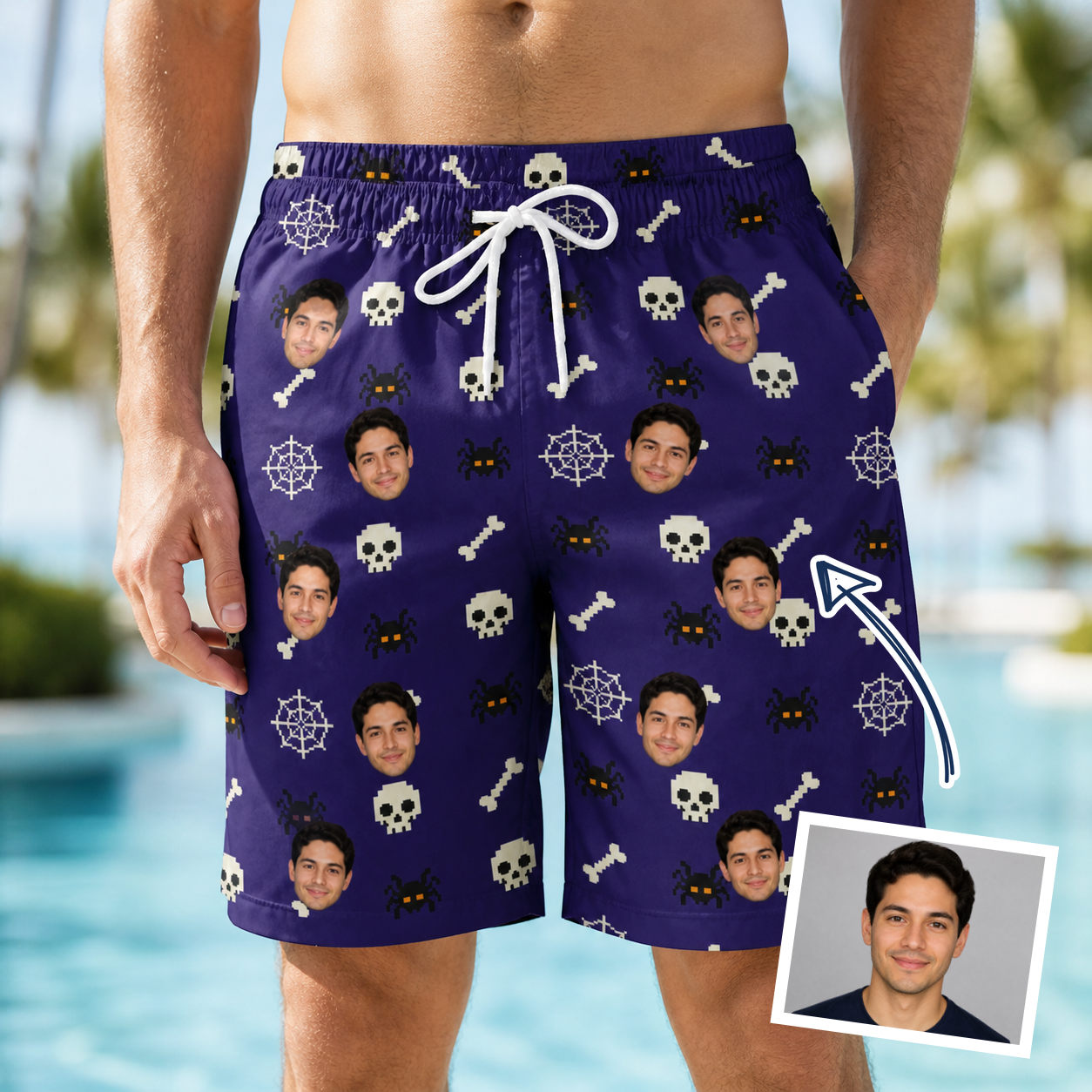 Man wearing Men's Bone Appétit Custom Face Beach Shorts — custom faces printed all-over