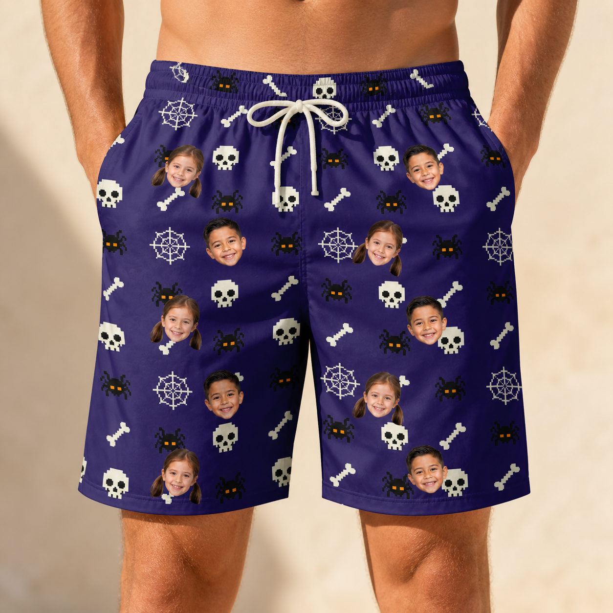 Model wearing Men's Bone Appétit Custom Face Beach Shorts printed with kids' faces