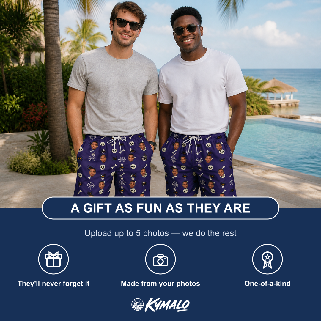 Friends in matching Men's Bone Appétit Custom Face Beach Shorts — a group gift photo