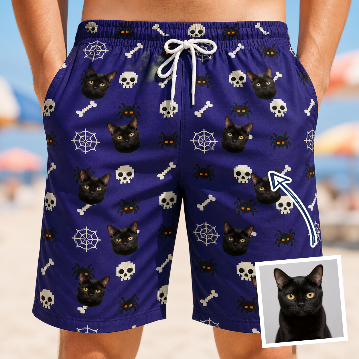 Man wearing Men's Bone Appétit Custom Cat Face Beach Shorts — custom faces printed all-over