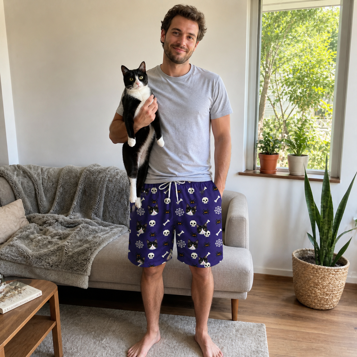 Full-length photo with the pet printed all over this Men's Bone Appétit Custom Cat Face Beach Shorts