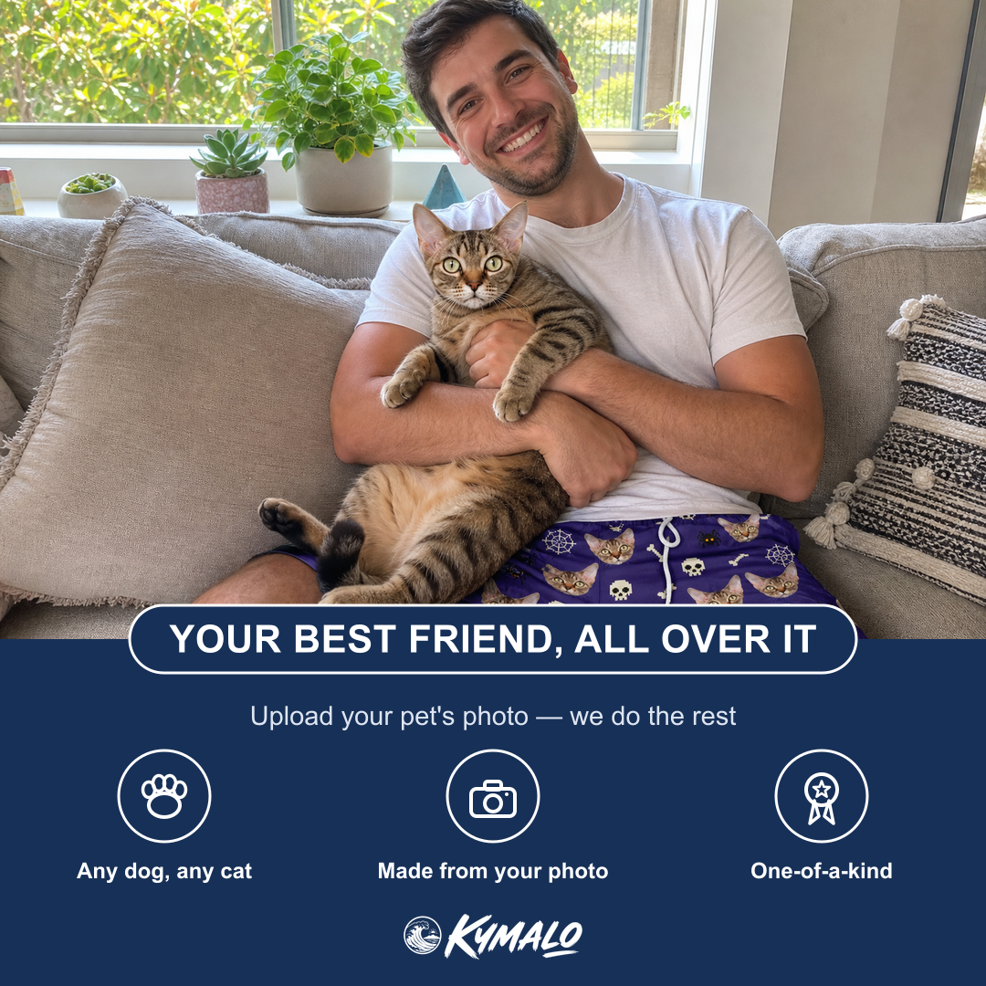 Friends in matching Men's Bone Appétit Custom Cat Face Beach Shorts — a group gift photo