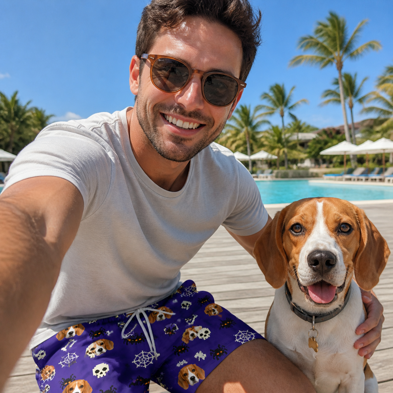 Selfie with the pet whose face is printed all over this Men's Bone Appétit Custom Dog Face Beach Shorts