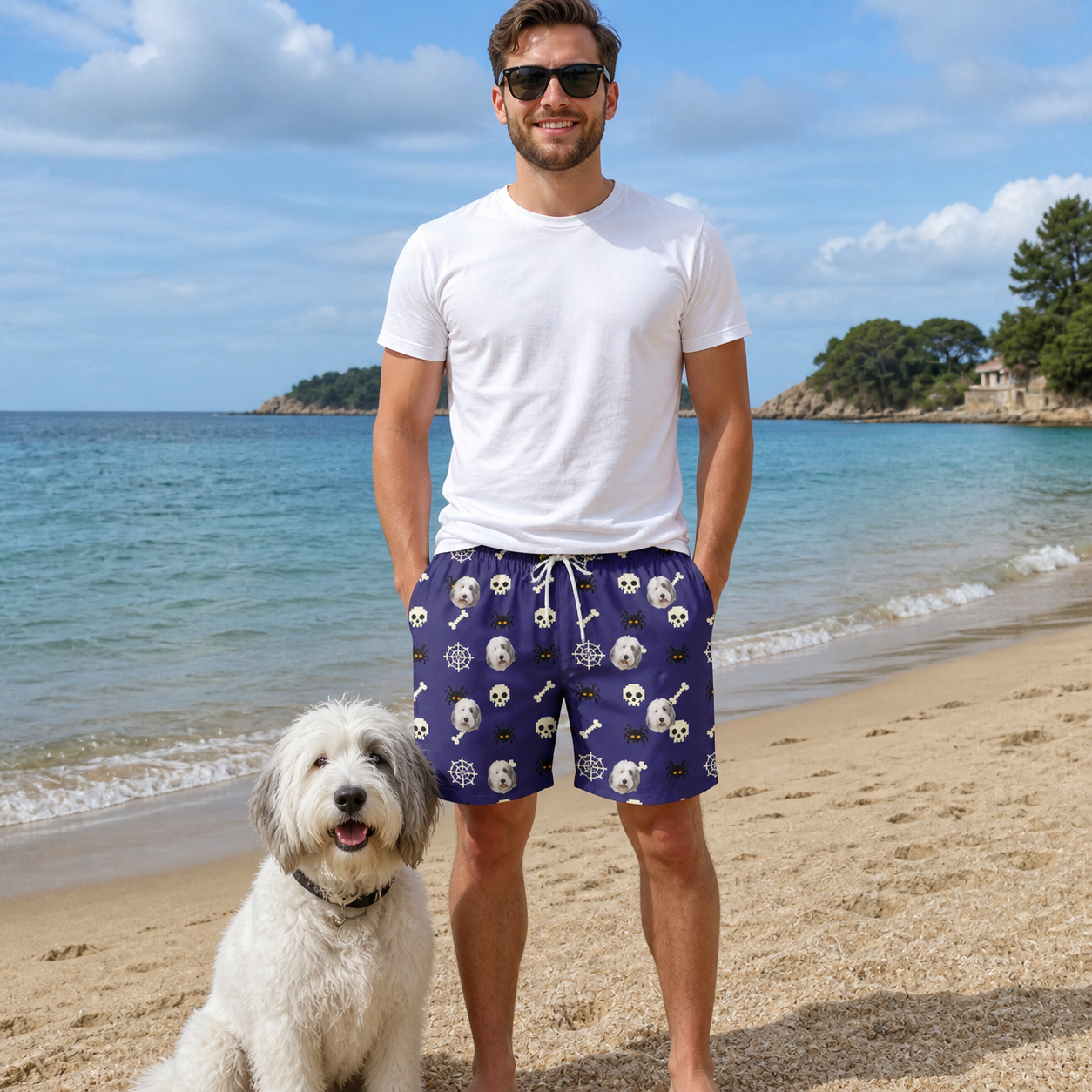 Full-length photo with the pet printed all over this Men's Bone Appétit Custom Dog Face Beach Shorts