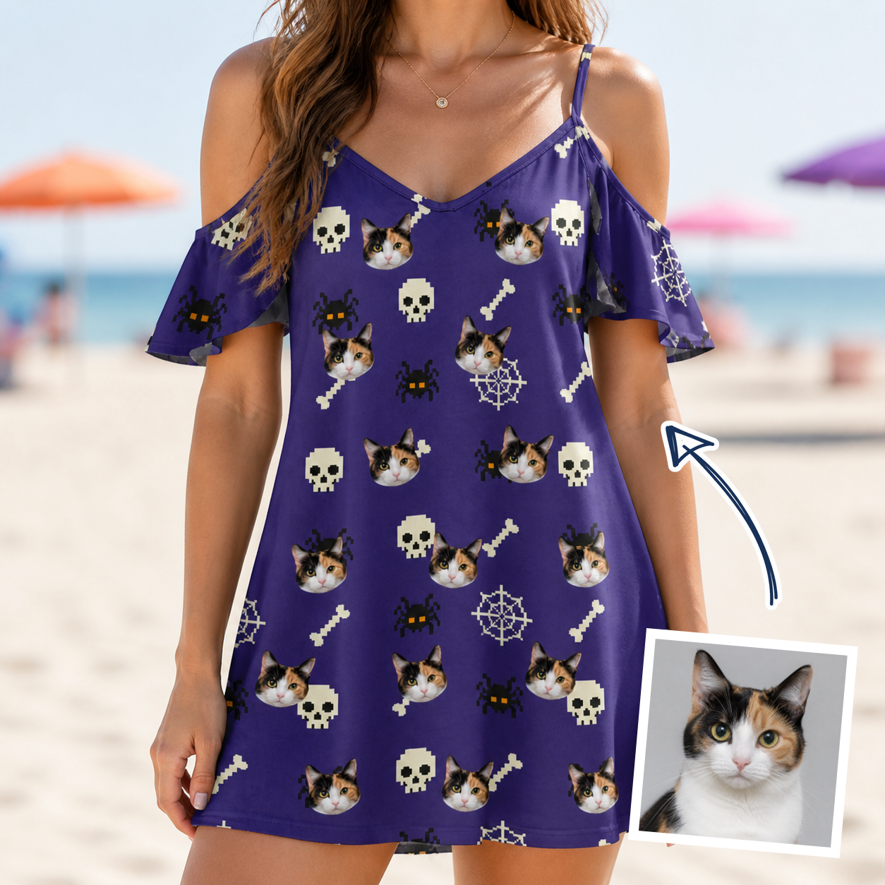 Woman wearing Women's Bone Appétit Custom Cat Face Off-Shoulder Dress — custom faces printed all-over