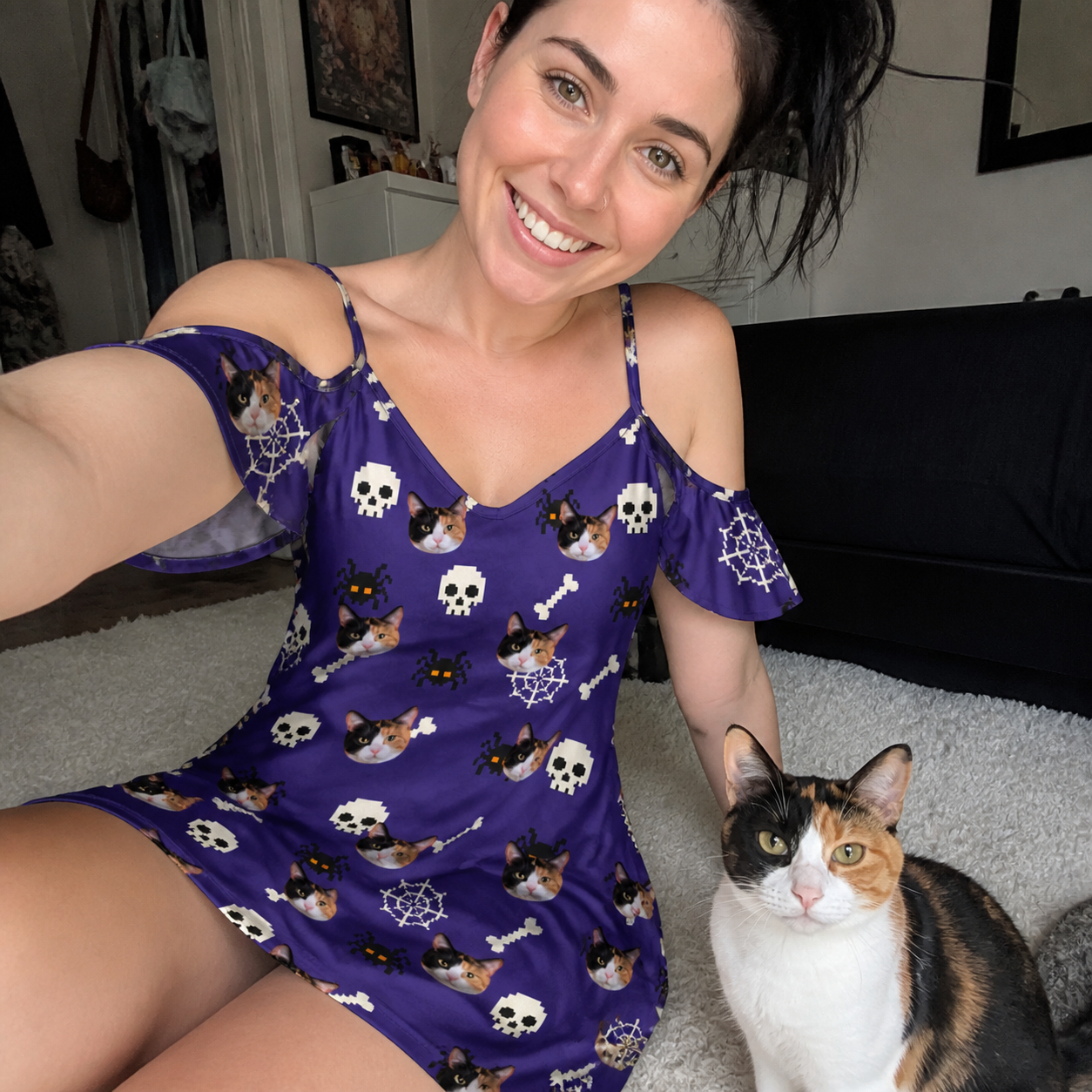 Selfie with the pet whose face is printed all over this Women's Bone Appétit Custom Cat Face Off-Shoulder Dress