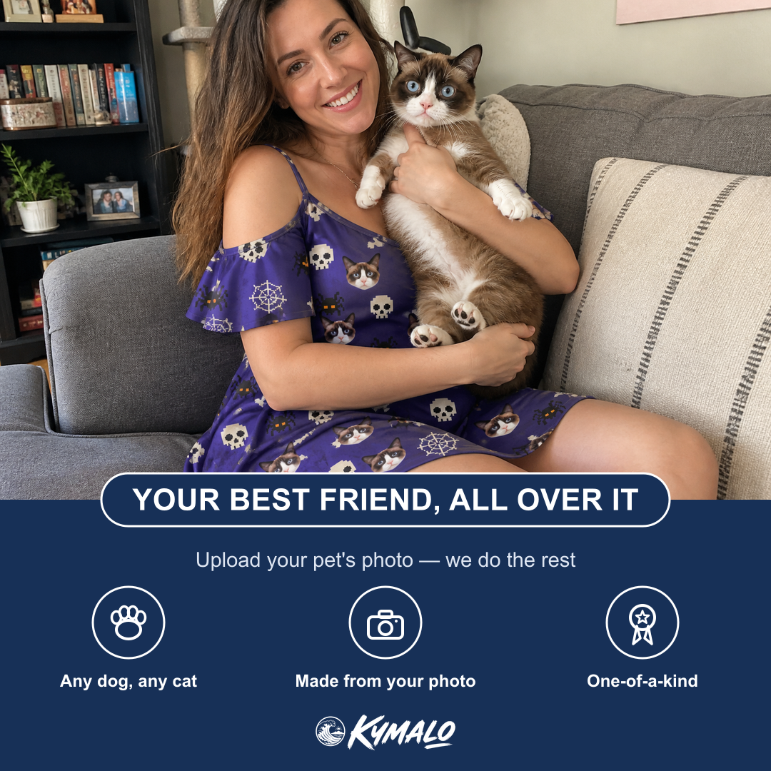 Friends in matching Women's Bone Appétit Custom Cat Face Off-Shoulder Dress — a group gift photo