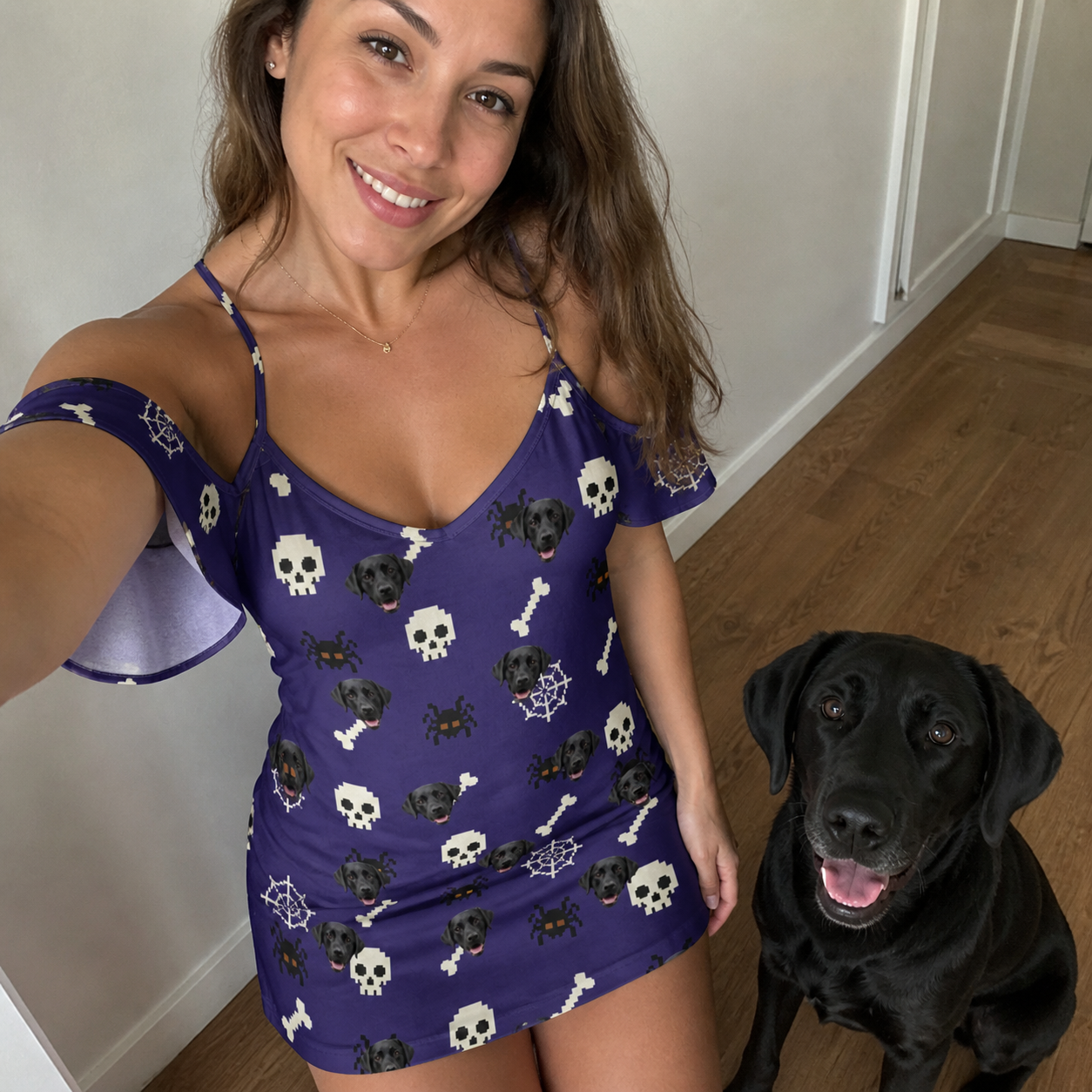 Selfie with the pet whose face is printed all over this Women's Bone Appétit Custom Dog Face Off-Shoulder Dress