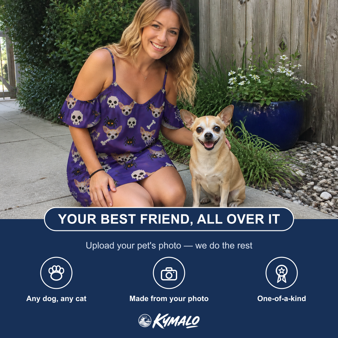 Friends in matching Women's Bone Appétit Custom Dog Face Off-Shoulder Dress — a group gift photo