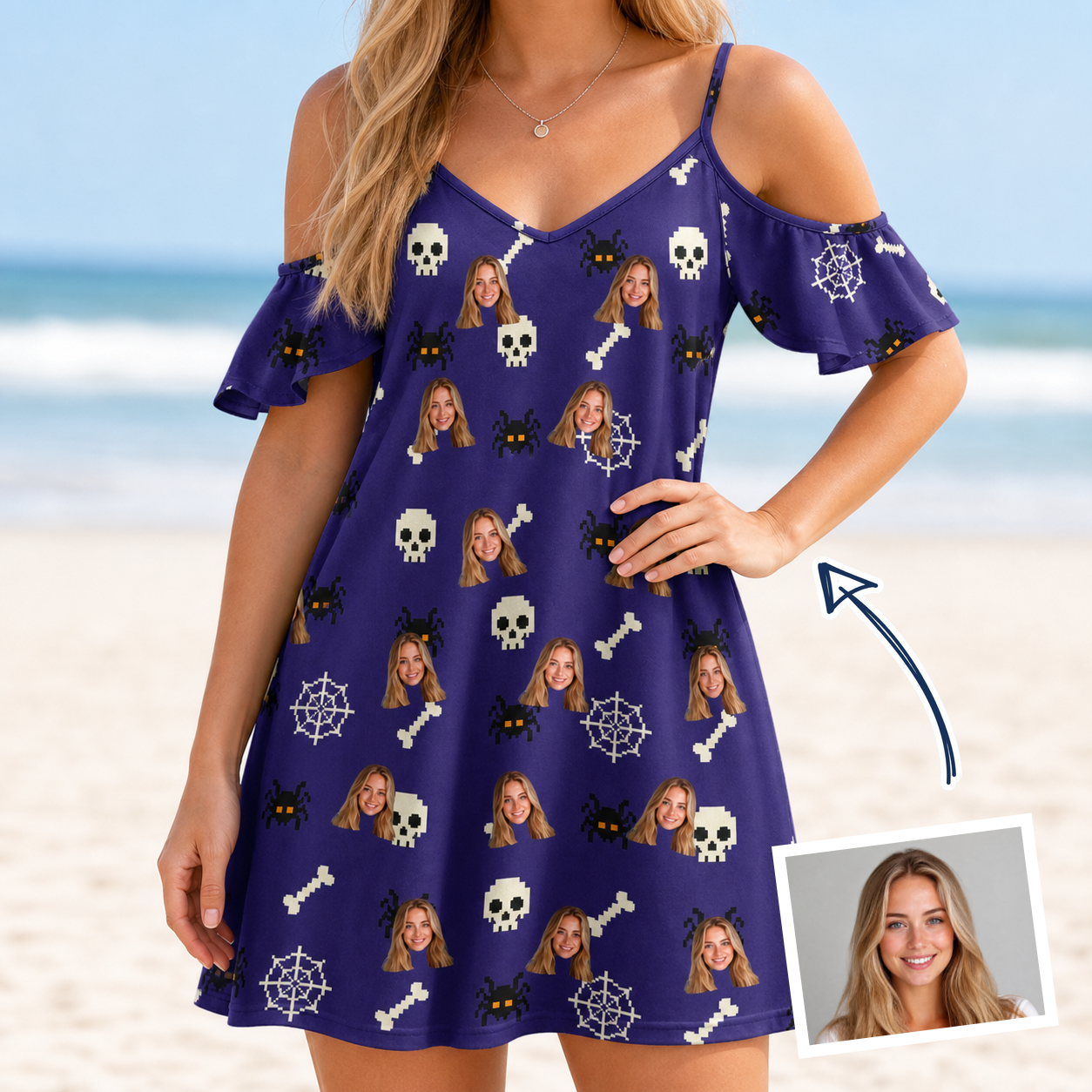 Woman wearing Women's Bone Appétit Custom Face Off-Shoulder Dress — custom faces printed all-over