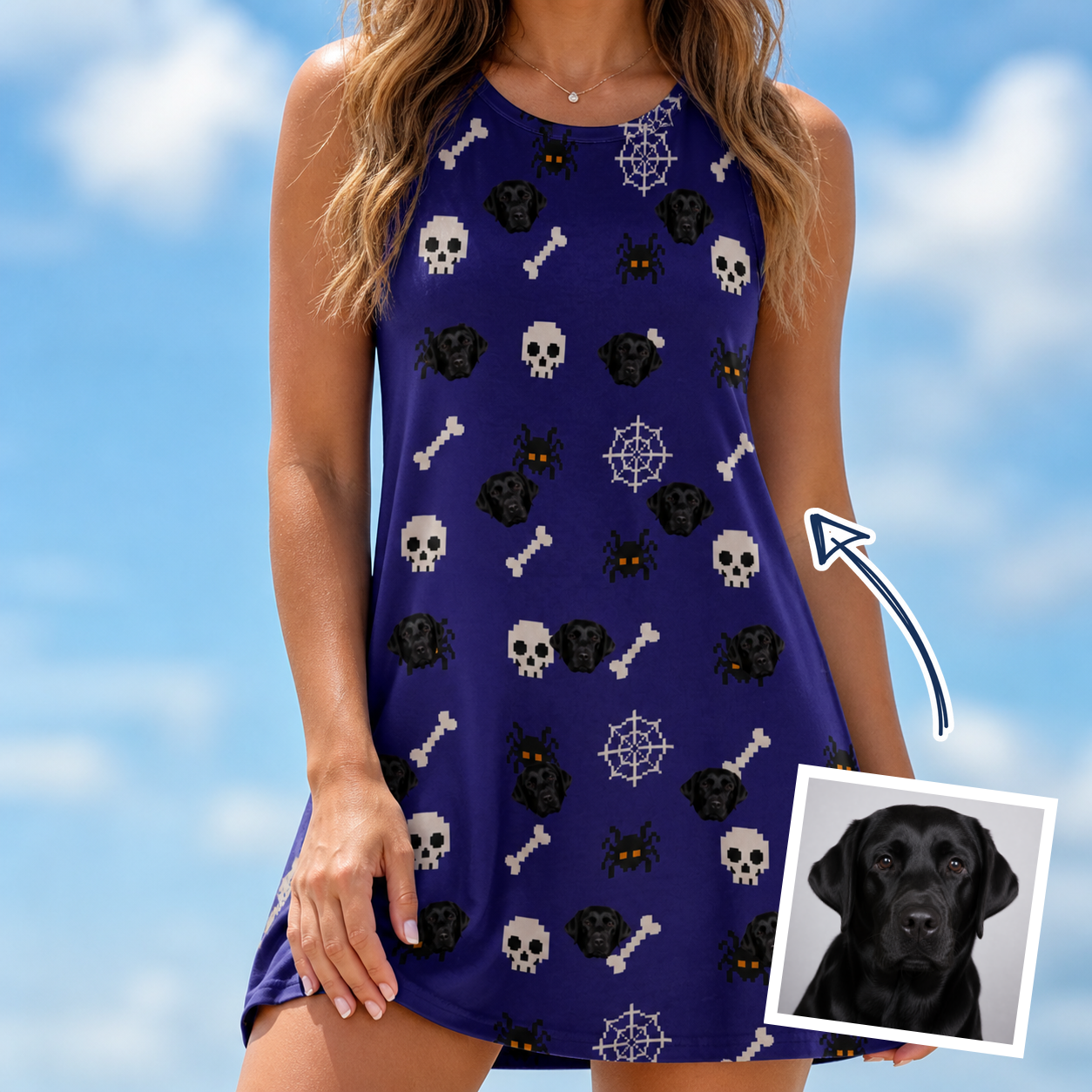 Woman wearing Women's Bone Appétit Custom Dog Face Tank Dress — custom faces printed all-over