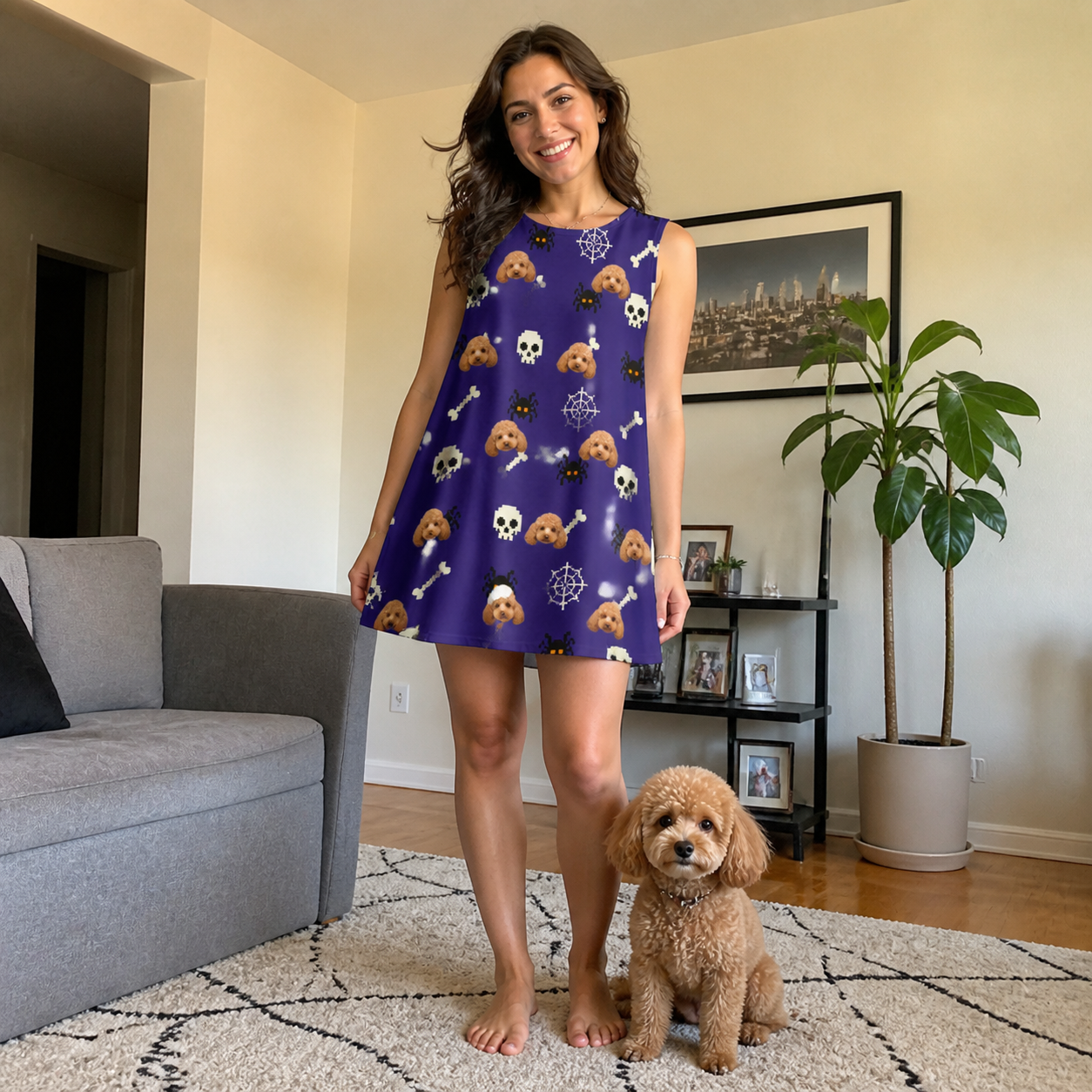 Full-length photo with the pet printed all over this Women's Bone Appétit Custom Dog Face Tank Dress