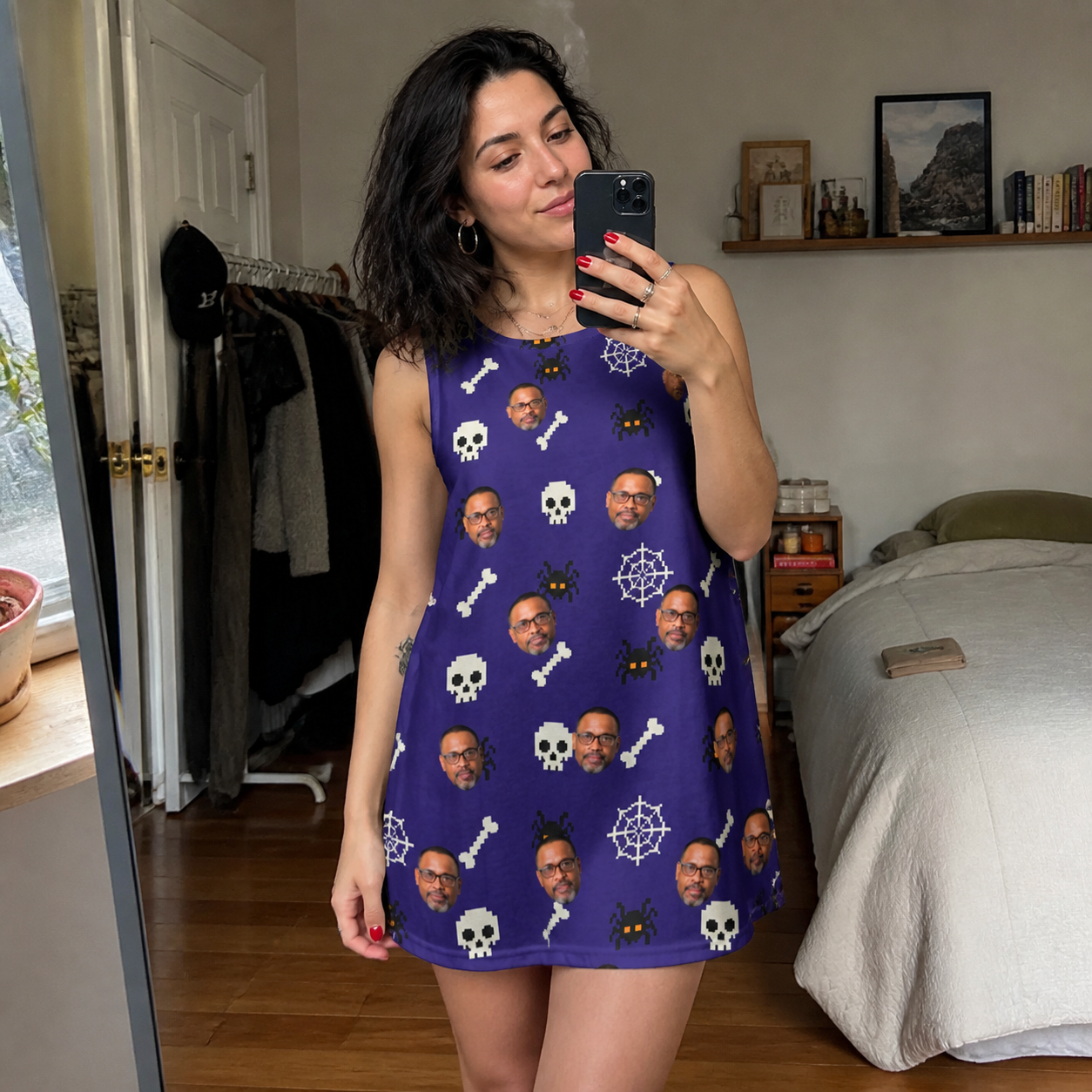 Real-life photo of someone wearing Women's Bone Appétit Custom Face Tank Dress — custom faces printed all-over