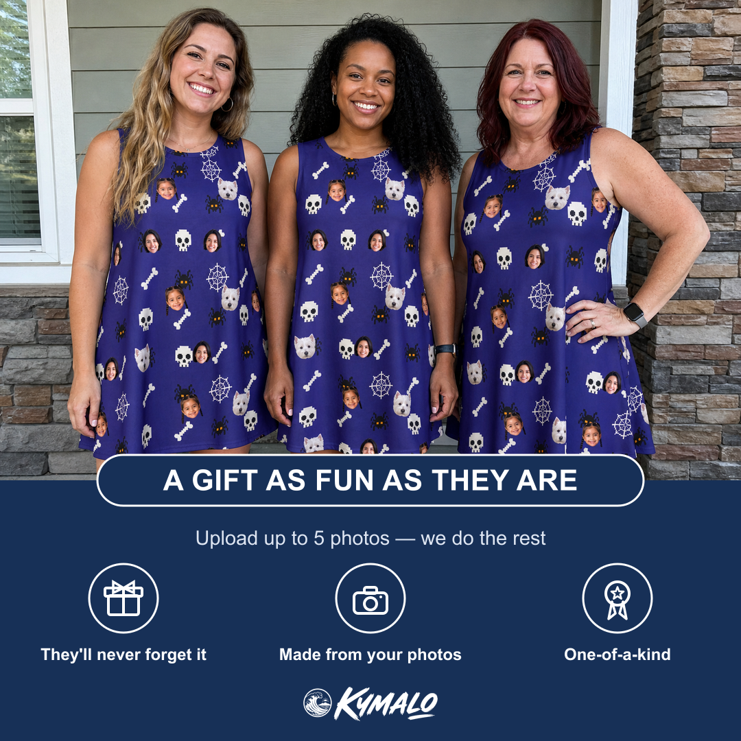 Friends in matching Women's Bone Appétit Custom Face Tank Dress — a group gift photo