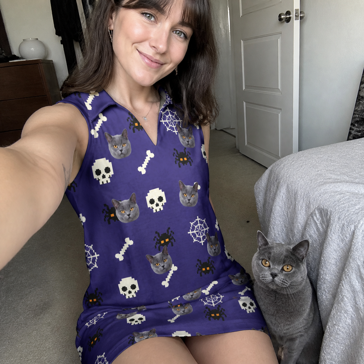 Selfie with the pet whose face is printed all over this Women's Bone Appétit Custom Cat Face V-Neck Dress