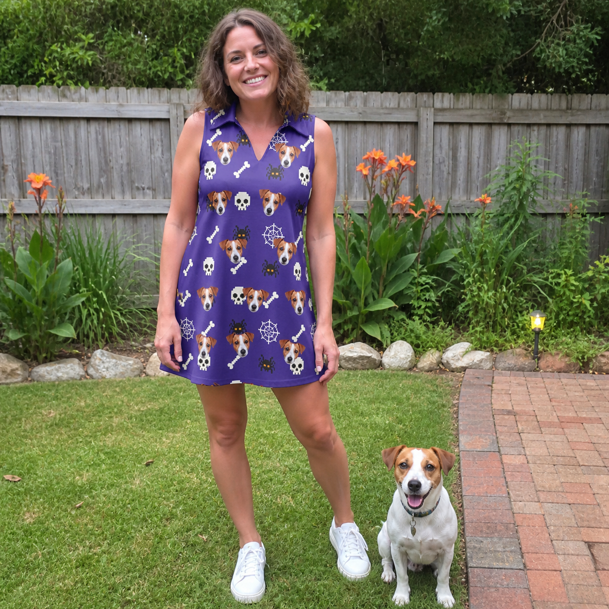 Full-length photo with the pet printed all over this Women's Bone Appétit Custom Dog Face V-Neck Dress