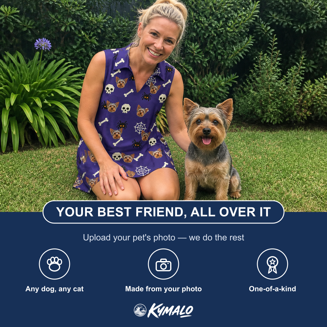 Friends in matching Women's Bone Appétit Custom Dog Face V-Neck Dress — a group gift photo