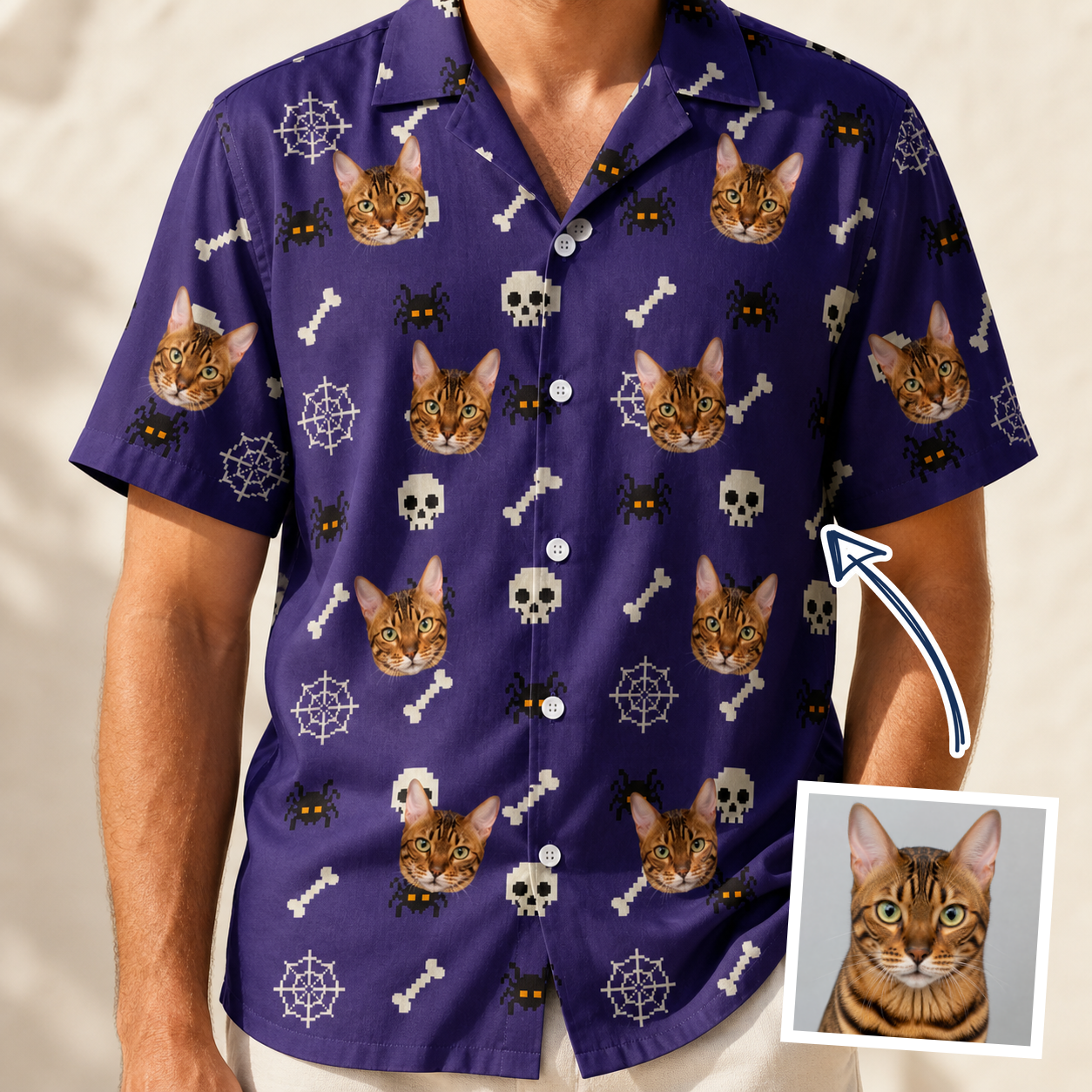 Man wearing Men's Bone Appétit Custom Cat Face Hawaiian Shirt — custom faces printed all-over