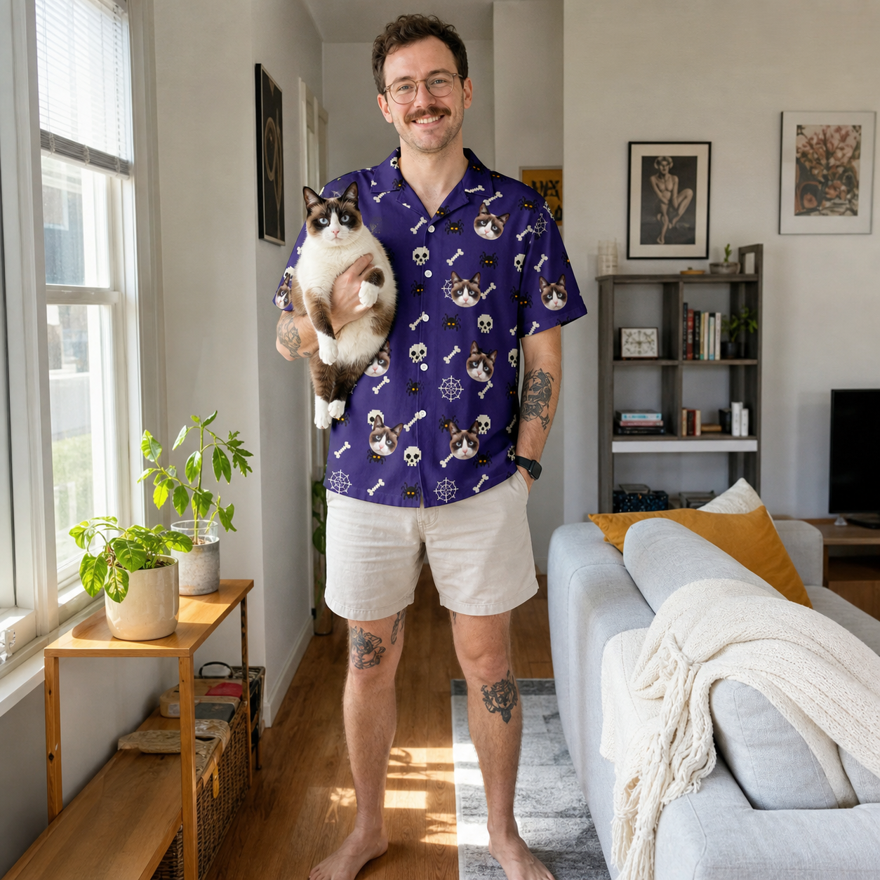 Full-length photo with the pet printed all over this Men's Bone Appétit Custom Cat Face Hawaiian Shirt