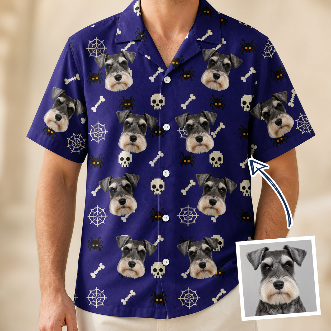 Man wearing Men's Bone Appétit Custom Dog Face Hawaiian Shirt — custom faces printed all-over