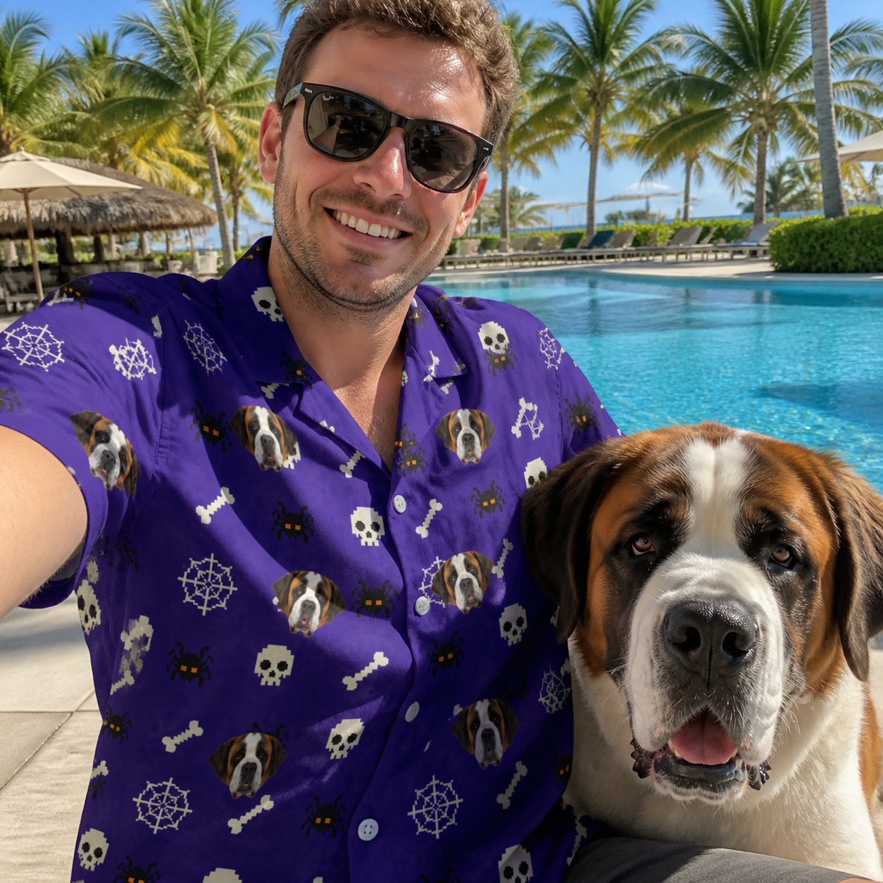 Selfie with the pet whose face is printed all over this Men's Bone Appétit Custom Dog Face Hawaiian Shirt