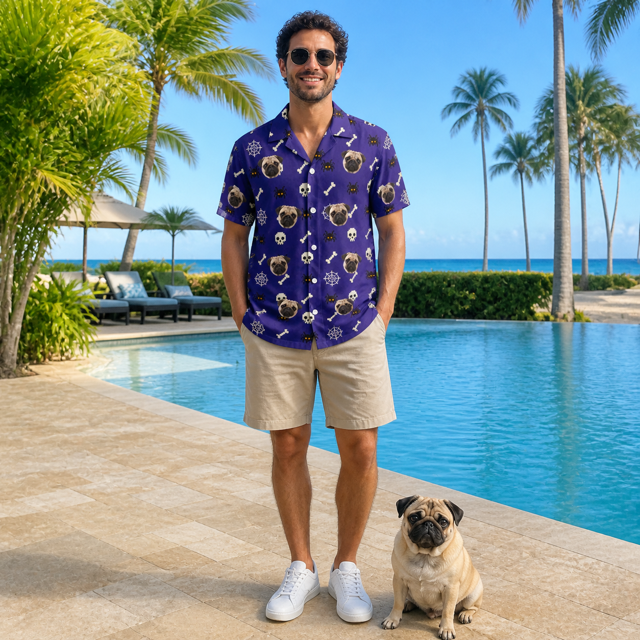Full-length photo with the pet printed all over this Men's Bone Appétit Custom Dog Face Hawaiian Shirt