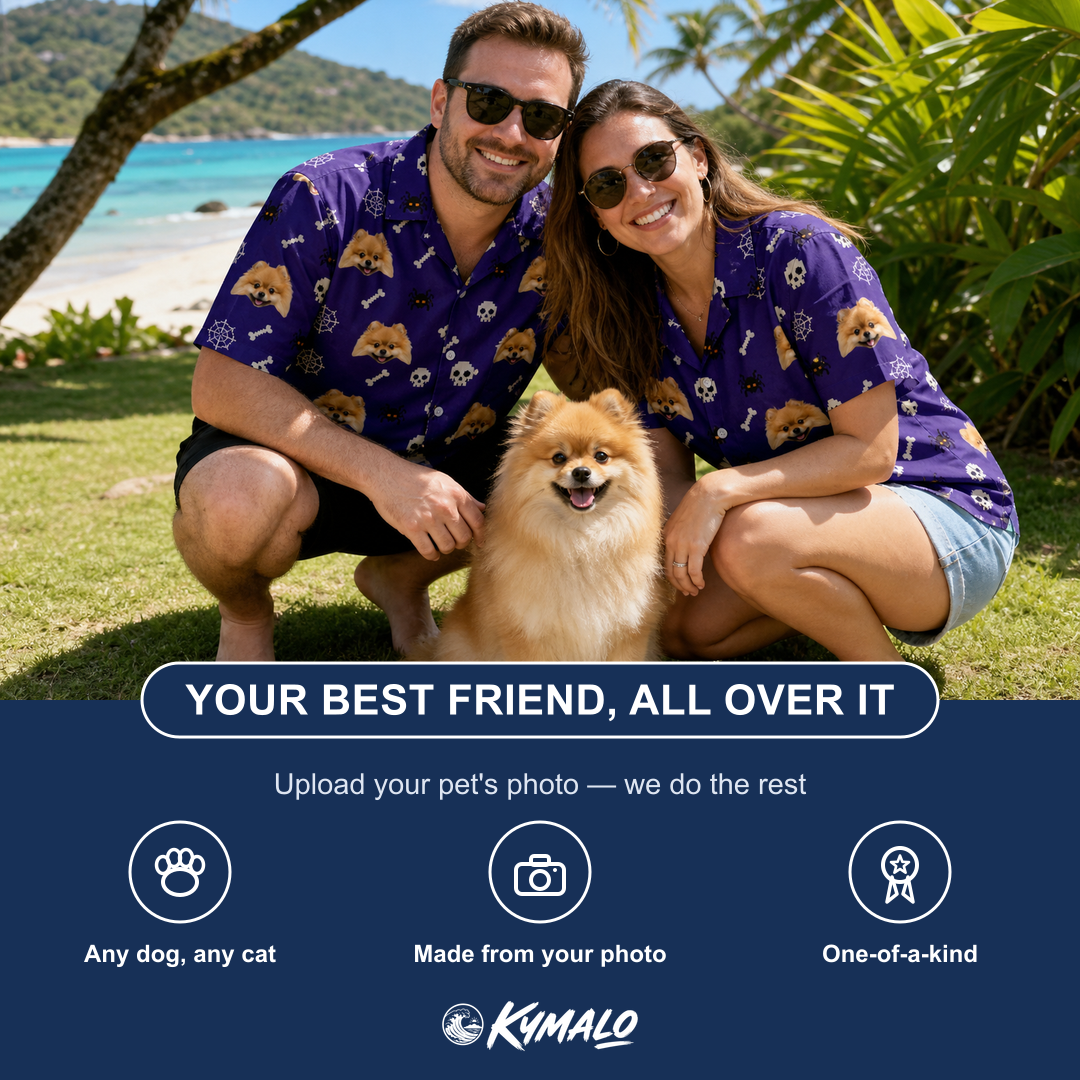 Friends in matching Men's Bone Appétit Custom Dog Face Hawaiian Shirt — a group gift photo