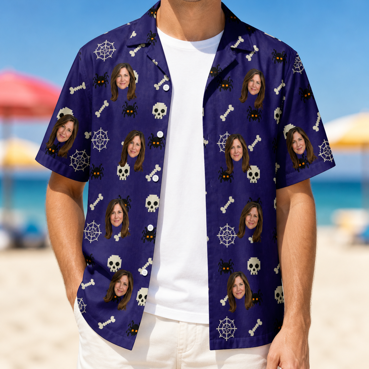 Man wearing Men's Bone Appétit Custom Face Hawaiian Shirt open over a white tee