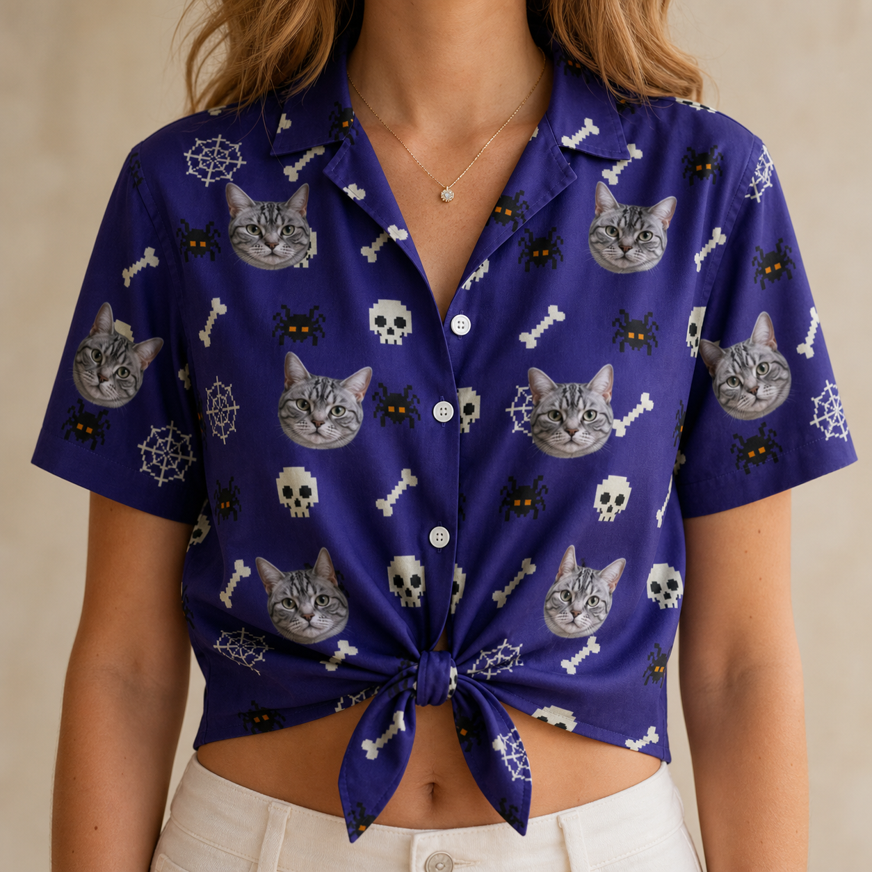 Woman wearing Women's Bone Appétit Custom Cat Face Hawaiian Shirt tied at the waist