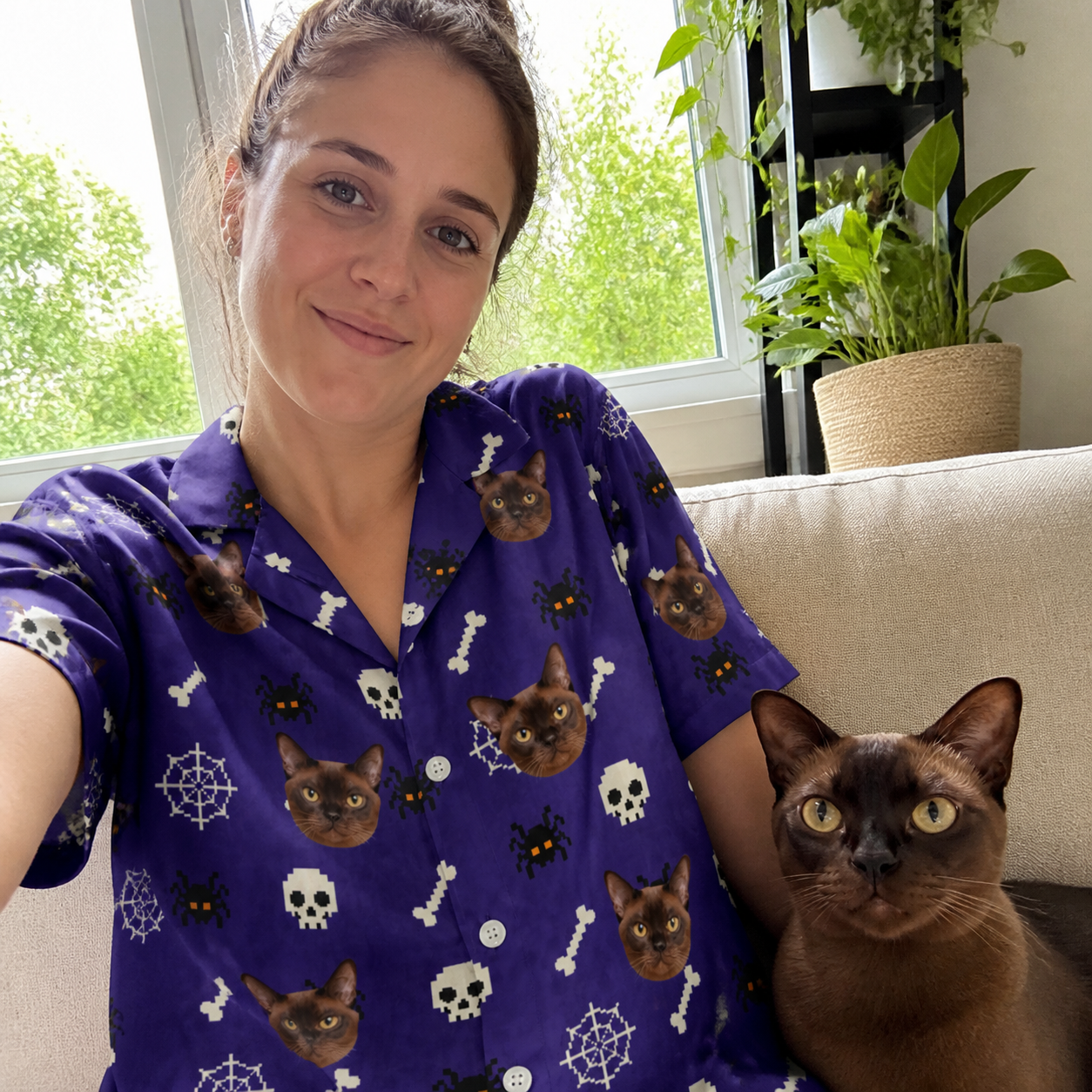 Selfie with the pet whose face is printed all over this Women's Bone Appétit Custom Cat Face Hawaiian Shirt