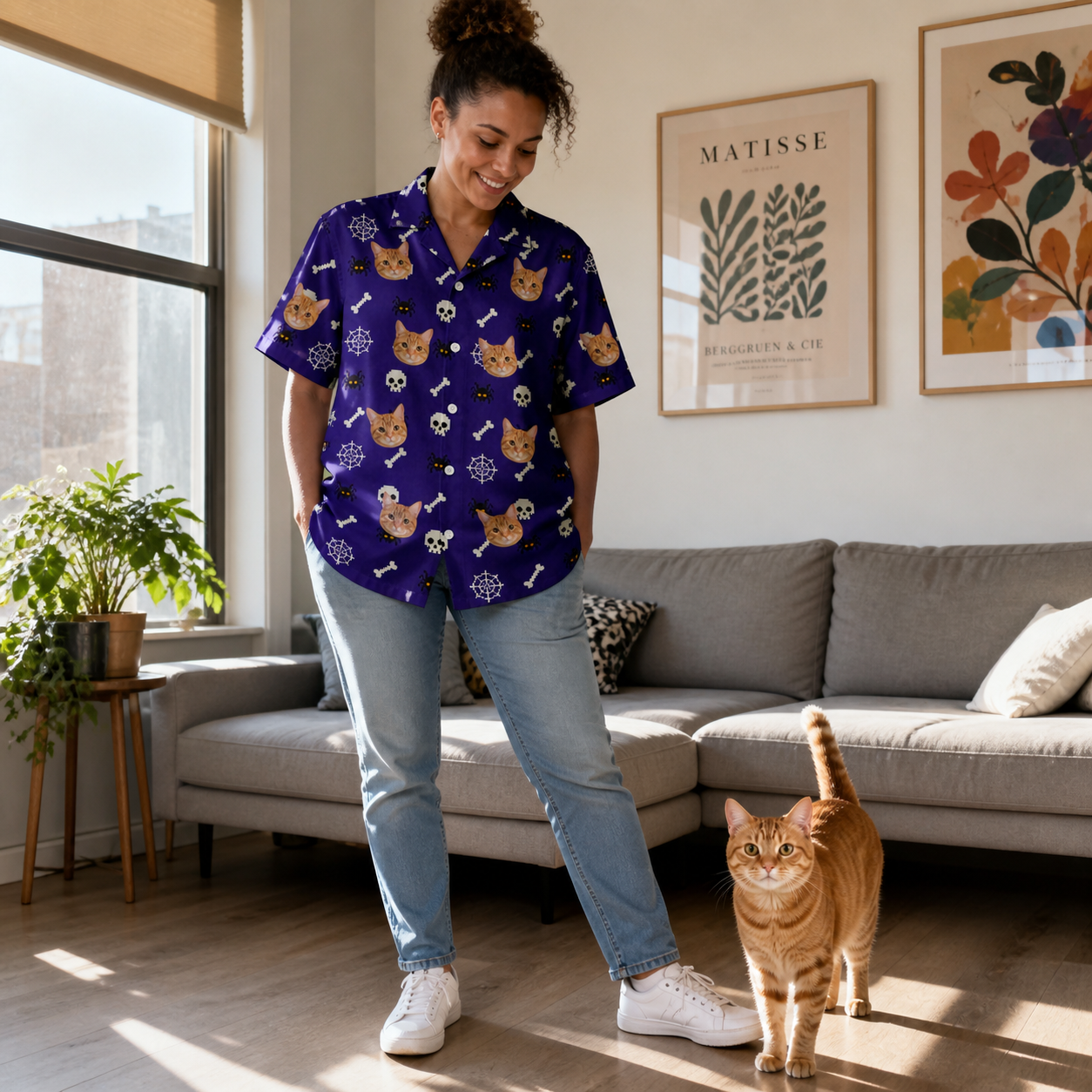 Full-length photo with the pet printed all over this Women's Bone Appétit Custom Cat Face Hawaiian Shirt