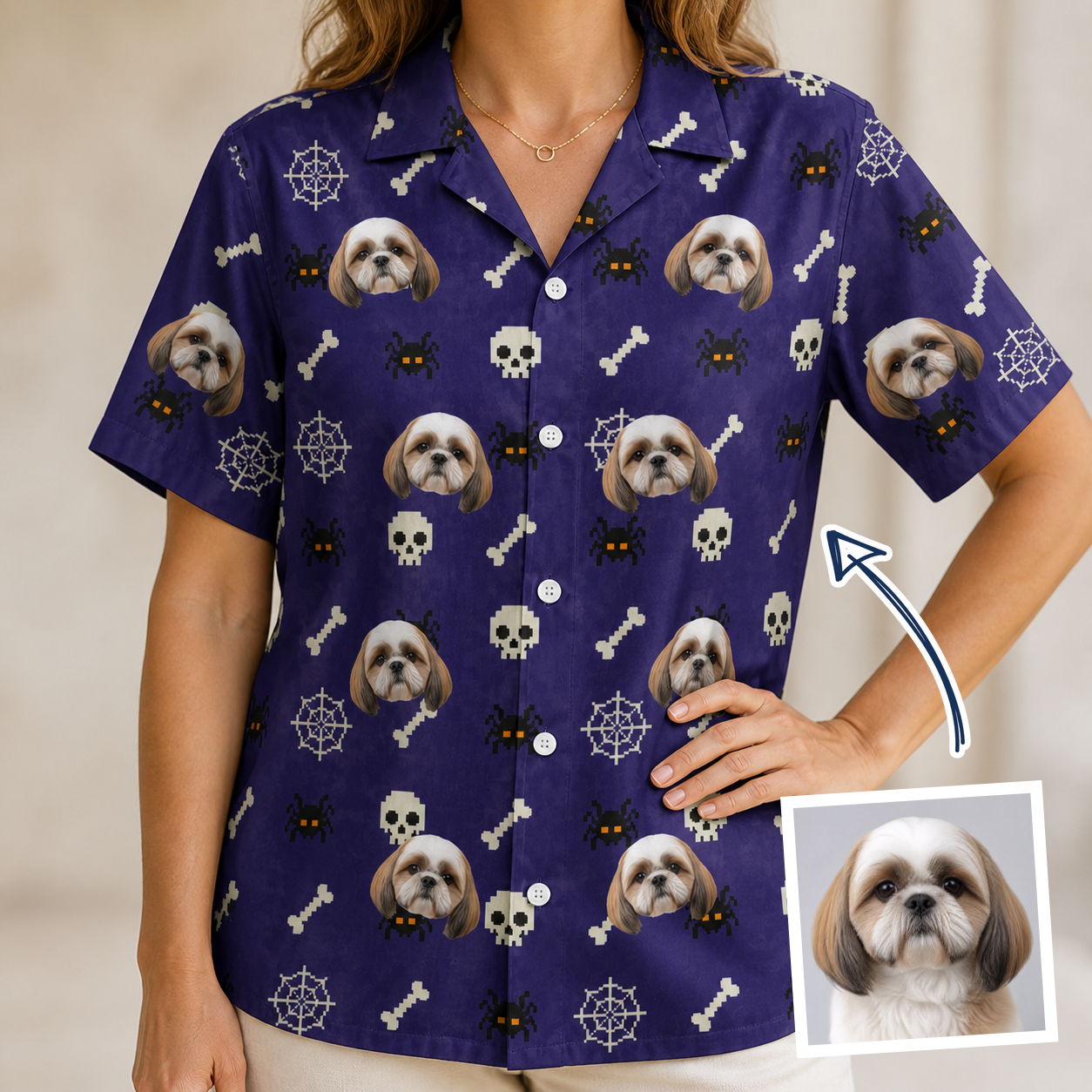 Woman wearing Women's Bone Appétit Custom Dog Face Hawaiian Shirt — custom faces printed all-over