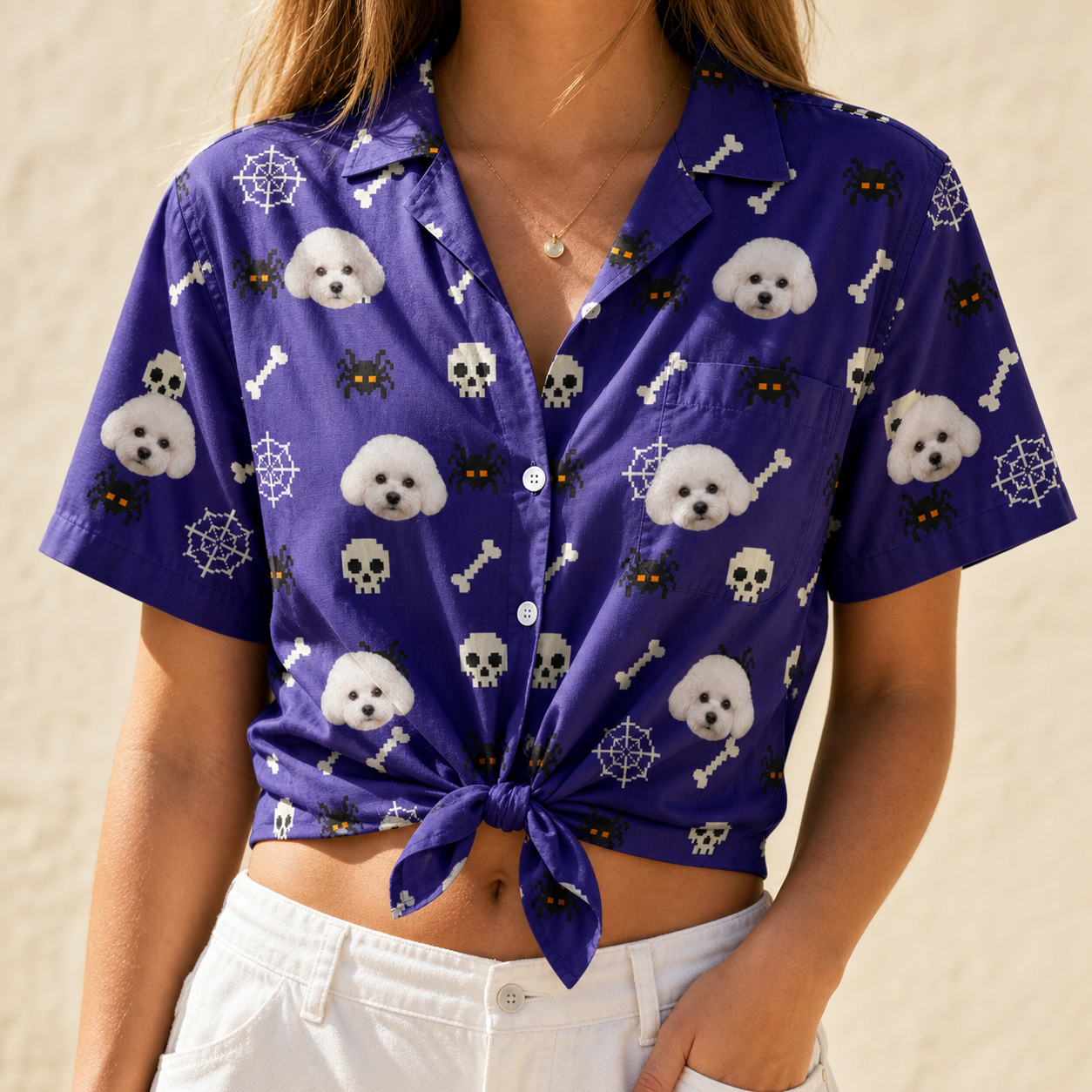 Woman wearing Women's Bone Appétit Custom Dog Face Hawaiian Shirt tied at the waist