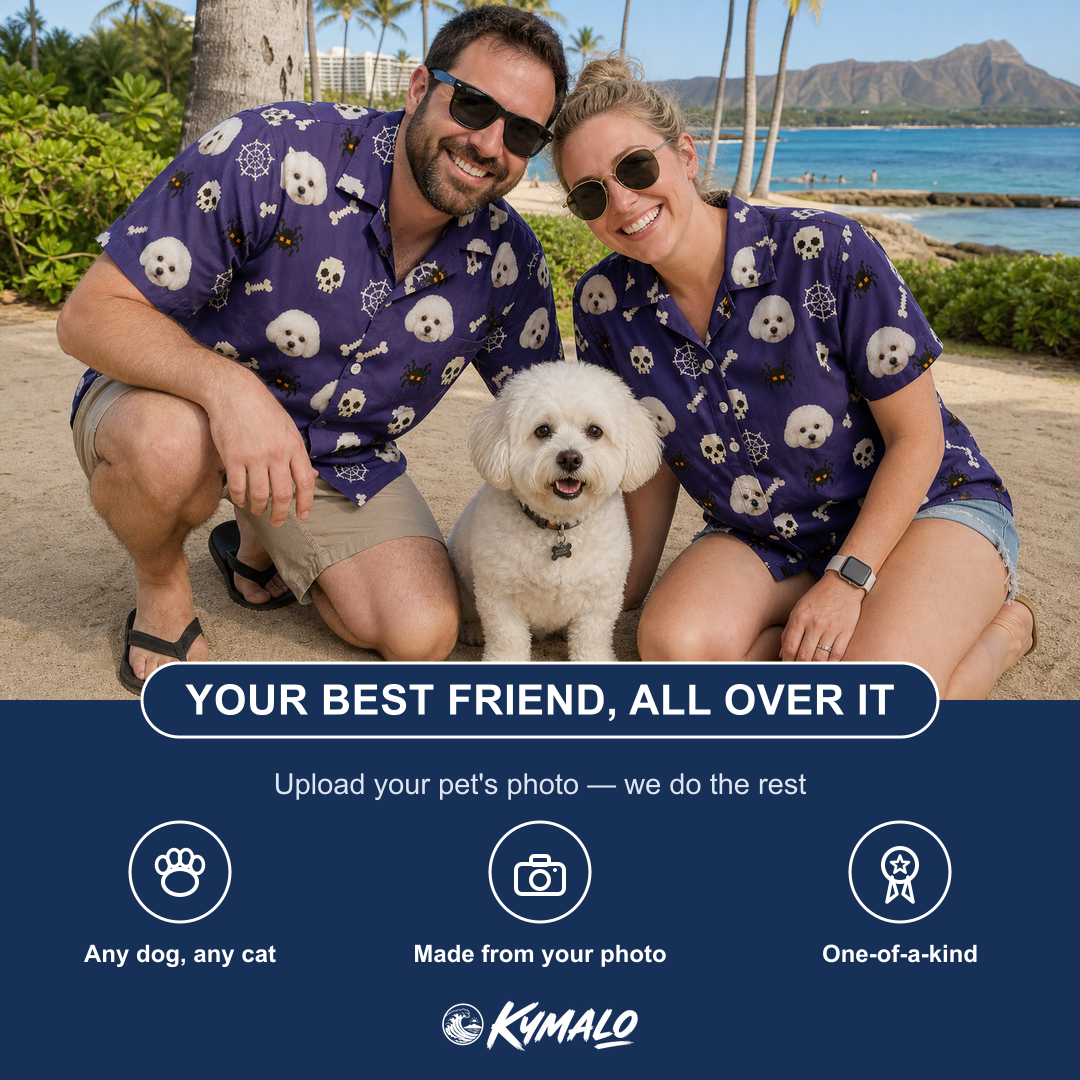 Friends in matching Women's Bone Appétit Custom Dog Face Hawaiian Shirt — a group gift photo