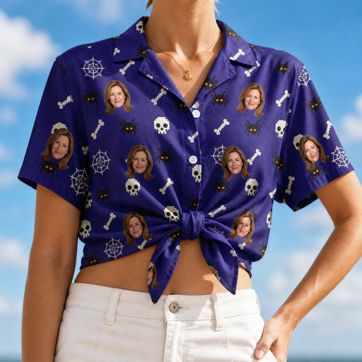 Woman wearing Women's Bone Appétit Custom Face Hawaiian Shirt tied at the waist