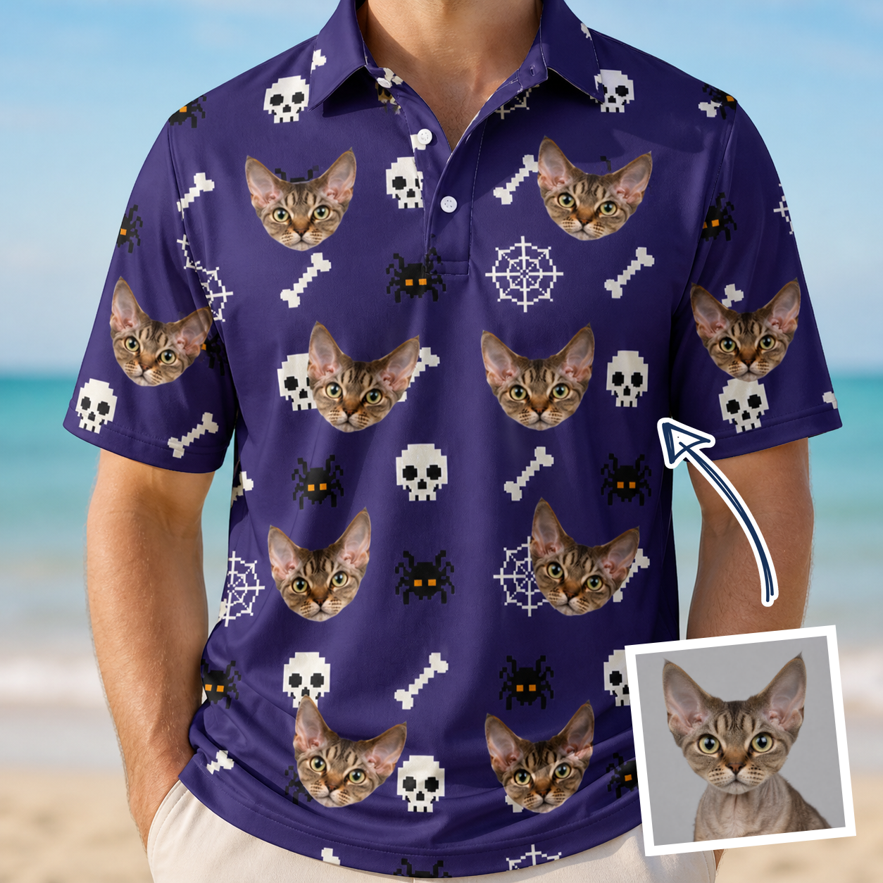 Man wearing Men's Bone Appétit Custom Cat Face Polo Shirt — custom faces printed all-over