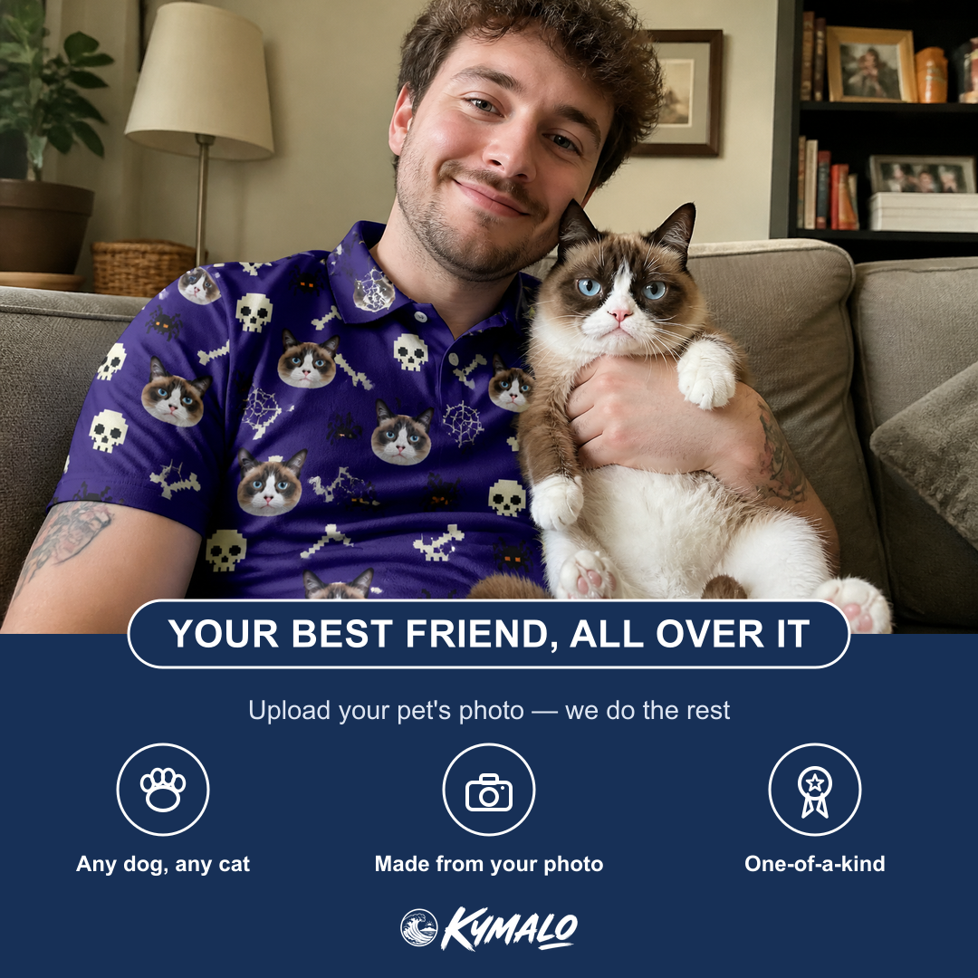 Friends in matching Men's Bone Appétit Custom Cat Face Polo Shirt — a group gift photo
