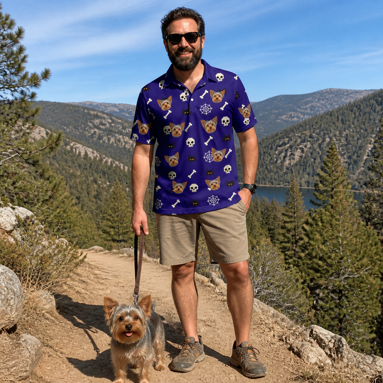 Full-length photo with the pet printed all over this Men's Bone Appétit Custom Dog Face Polo Shirt