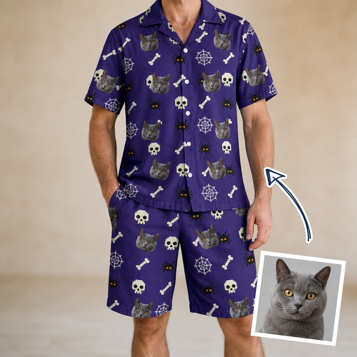 Man wearing Men's Bone Appétit Custom Cat Face Shirt & Shorts Set — custom faces printed all-over