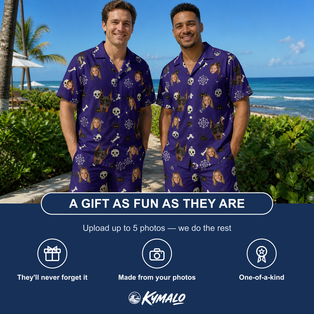 Friends in matching Men's Bone Appétit Custom Face Shirt & Shorts Set — a group gift photo