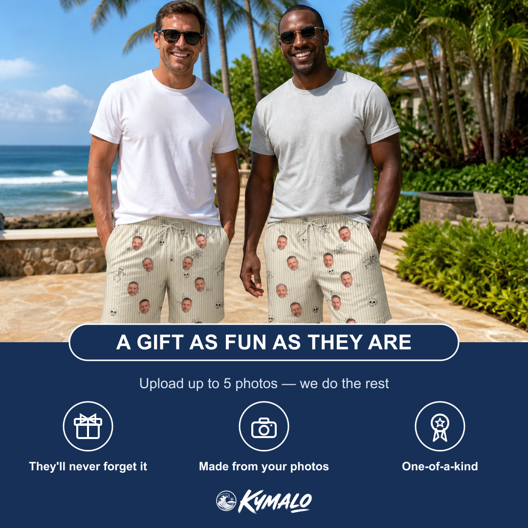 Friends in matching Men's Arachnid Antics Custom Face Beach Shorts — a group gift photo