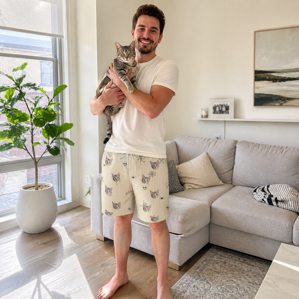 Full-length photo with the pet printed all over this Men's Arachnid Antics Custom Cat Face Beach Shorts