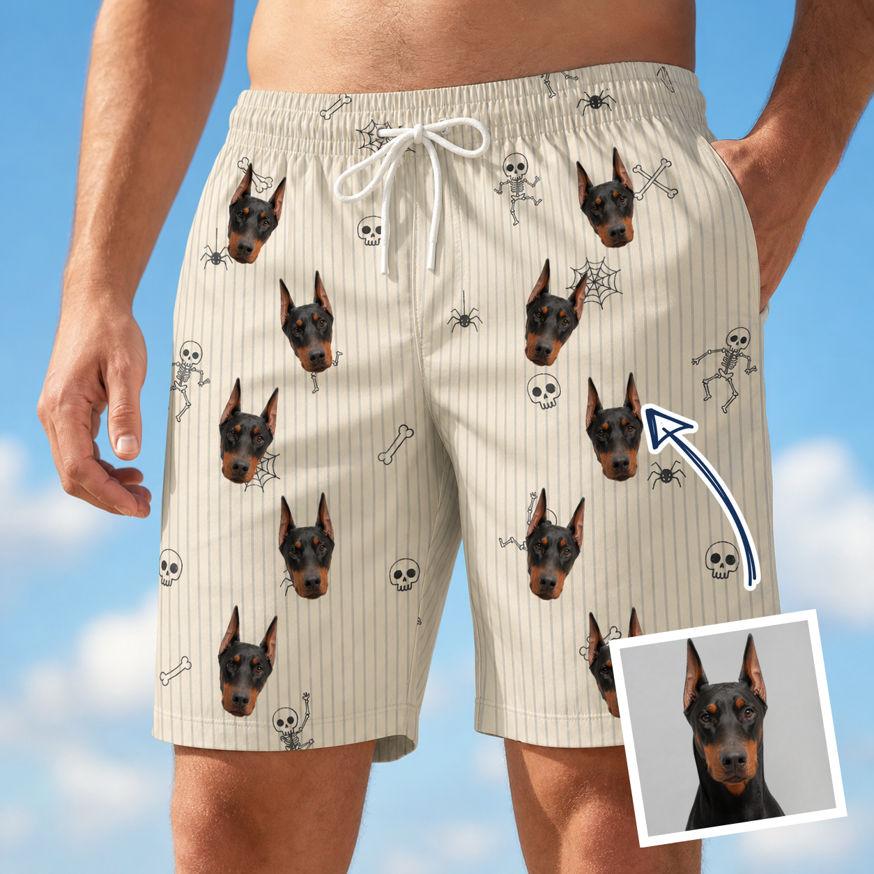 Man wearing Men's Arachnid Antics Custom Dog Face Beach Shorts — custom faces printed all-over