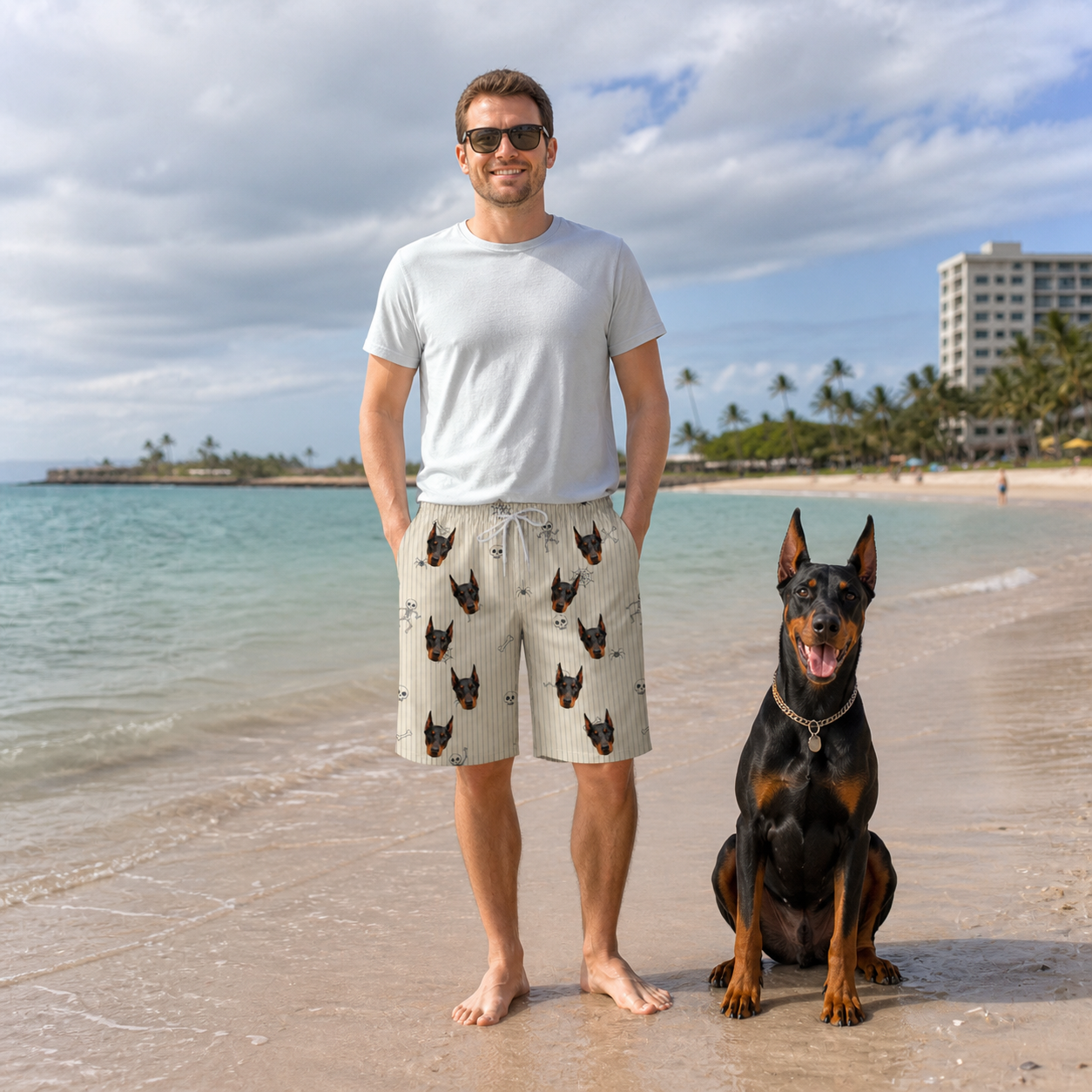 Full-length photo with the pet printed all over this Men's Arachnid Antics Custom Dog Face Beach Shorts