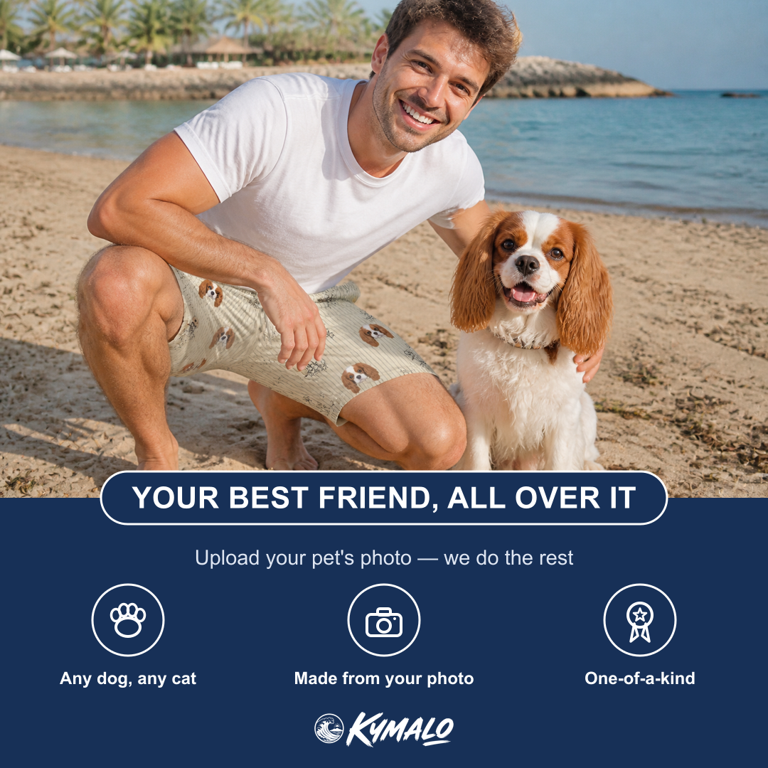Friends in matching Men's Arachnid Antics Custom Dog Face Beach Shorts — a group gift photo