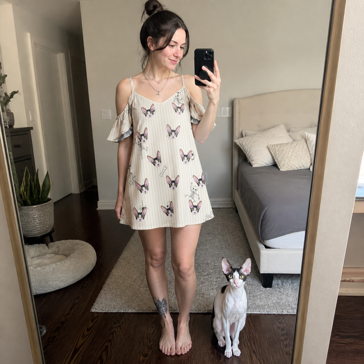 Full-length photo with the pet printed all over this Women's Arachnid Antics Custom Cat Face Off-Shoulder Dress